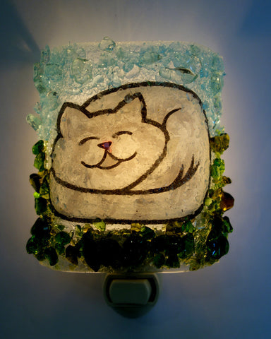 Cat Nap Grey and White Kitty Recycled Glass Night Light