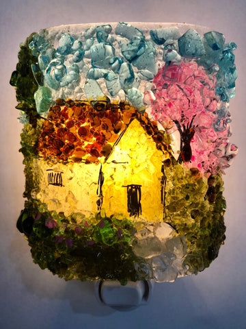Storybook Cottage House in the Woods Recycled Glass Night Light