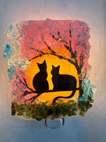 Cats in a Spring Cherry Blossom Tree Recycled Glass Night Light