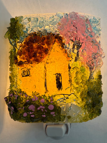 Storybook Cottage House in the Woods Recycled Glass Night Light