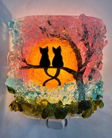 Kitties in a Spring Cherry Blossom Tree Recycled Glass Night Light