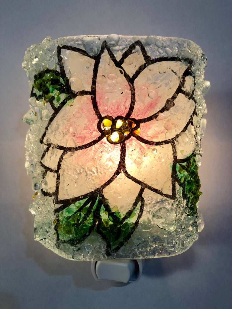White Christmas Poinsettia Recycled Glass Night Light - RebornGlass.com
