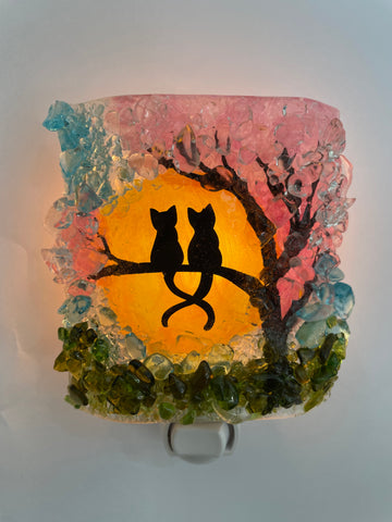 Kitties in a Spring Cherry Blossom Tree Recycled Glass Night Light